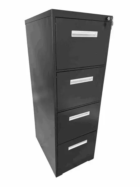 Black metal filing cabinet with four drawers and silver handles.