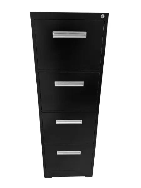 Black metal filing cabinet with four drawers and silver handles.