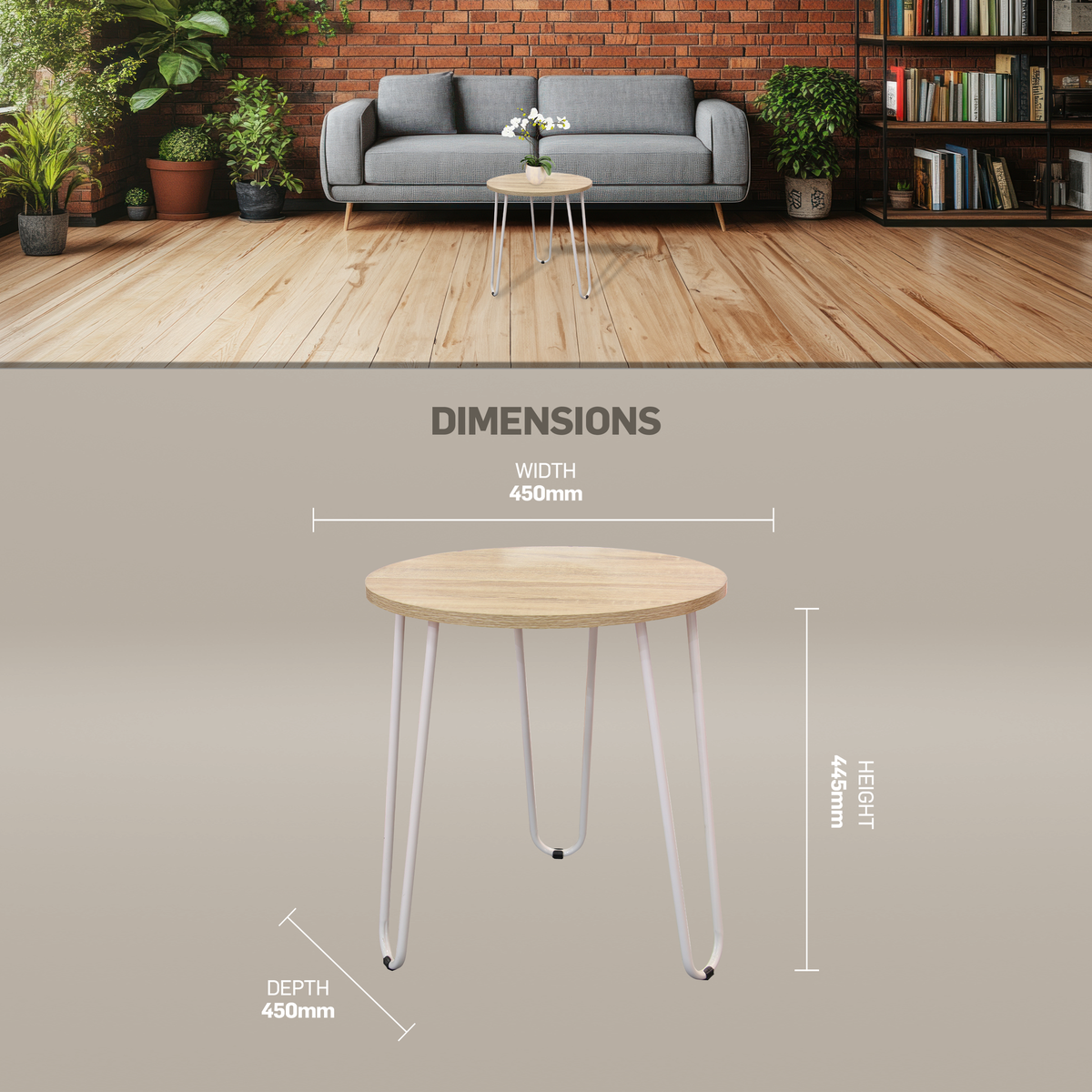 Everfurn Dallas Round Coffee Table in Brown and White with MDF Top and Metal Legs – Modern Minimalist Design for Living Rooms and Offices Showing the Dimensions