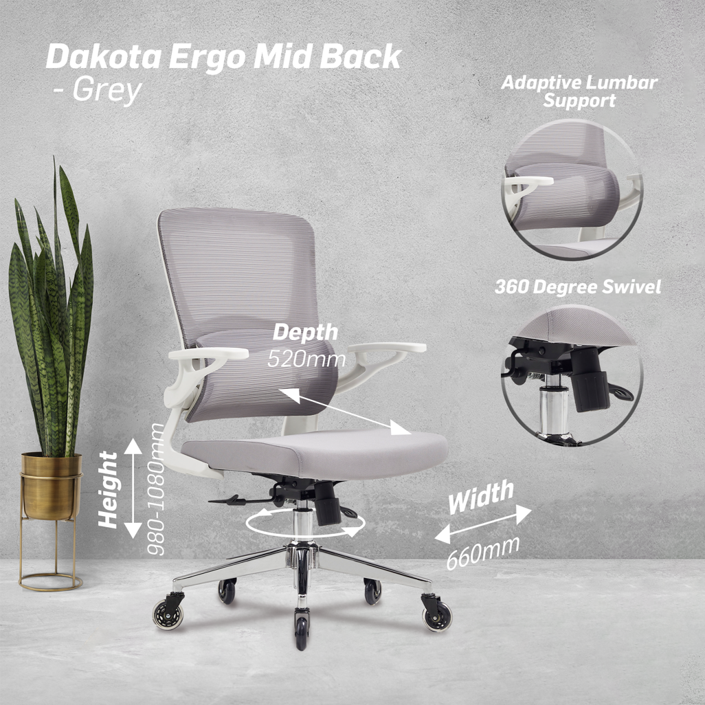 Everfurn Dakota Ergo Mid Back Office Chair in Grey – 99-109cm Height, 61cm Width, 55cm Depth, Adjustable Seat Height 44.5-54.5cm