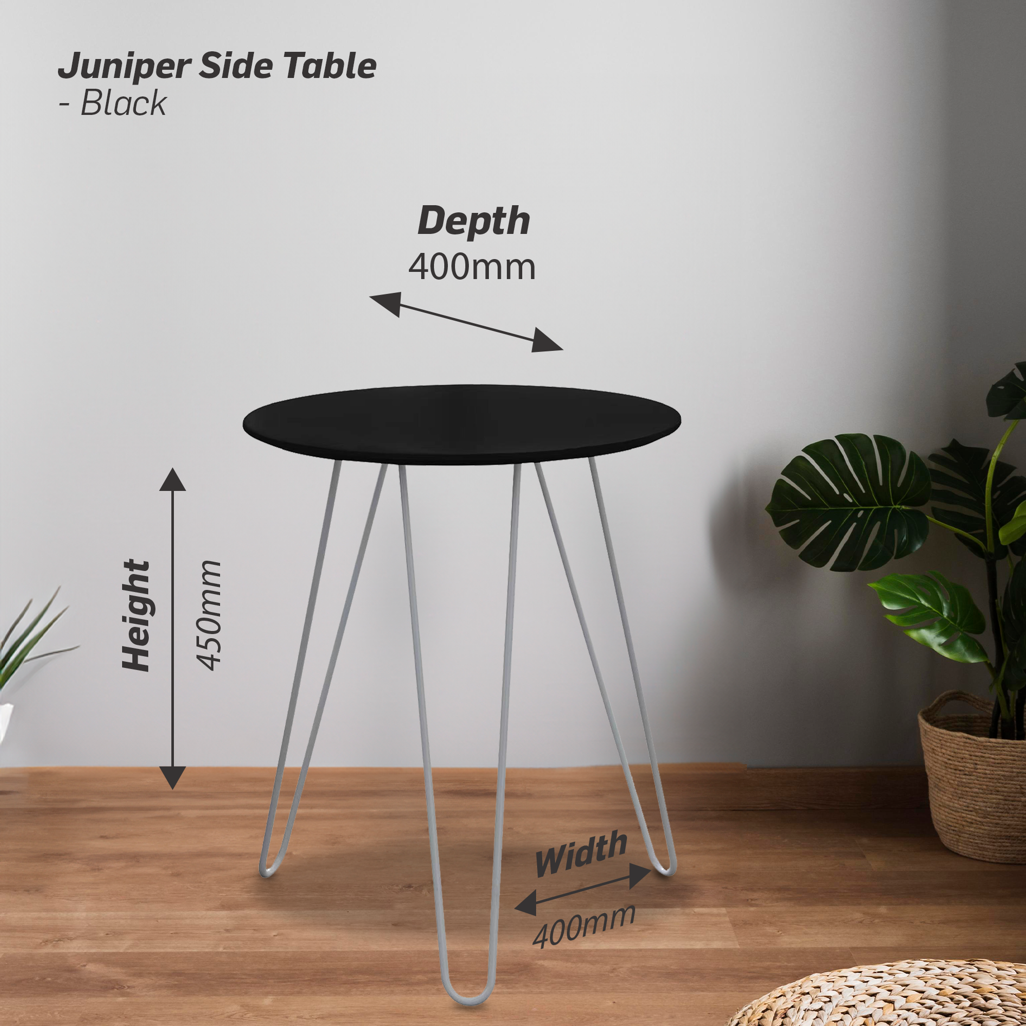 Everfurn Juniper coffee table in black and white with foldable legs, shown with product dimensions for easy reference in modern interior planning.