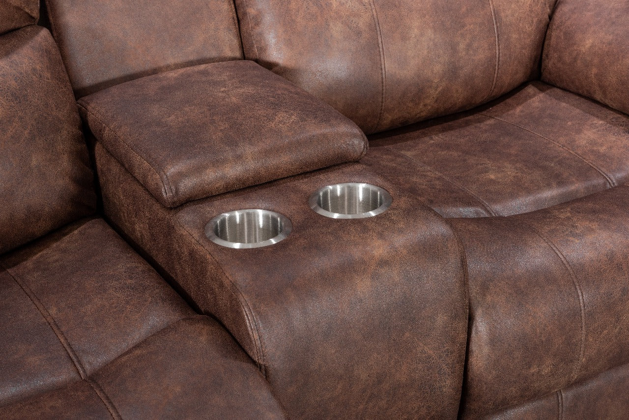 Luxury Vintage Suede 2-Seater Recliner Sofa in Brown – Center Cup Holders