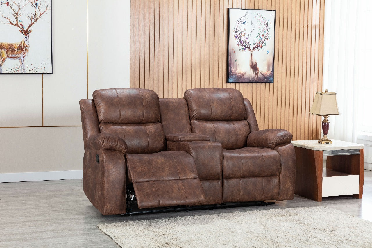 Luxury Vintage Suede 2-Seater Recliner Sofa in Brown – Tilted Front View in Living Room Setting