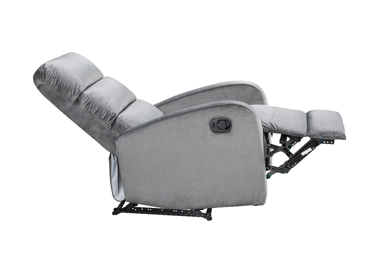 Modo velvet recliner chair with plush upholstery and compact design for modern living spaces Full Reclined Side View