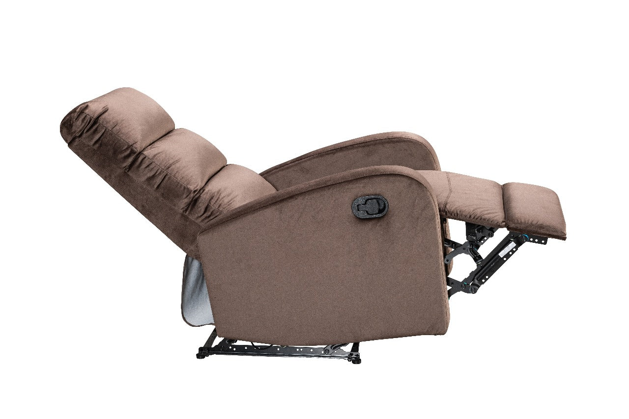 Modo velvet recliner chair with plush upholstery and compact design for modern living spaces Dark Brown ully Reclined Side View