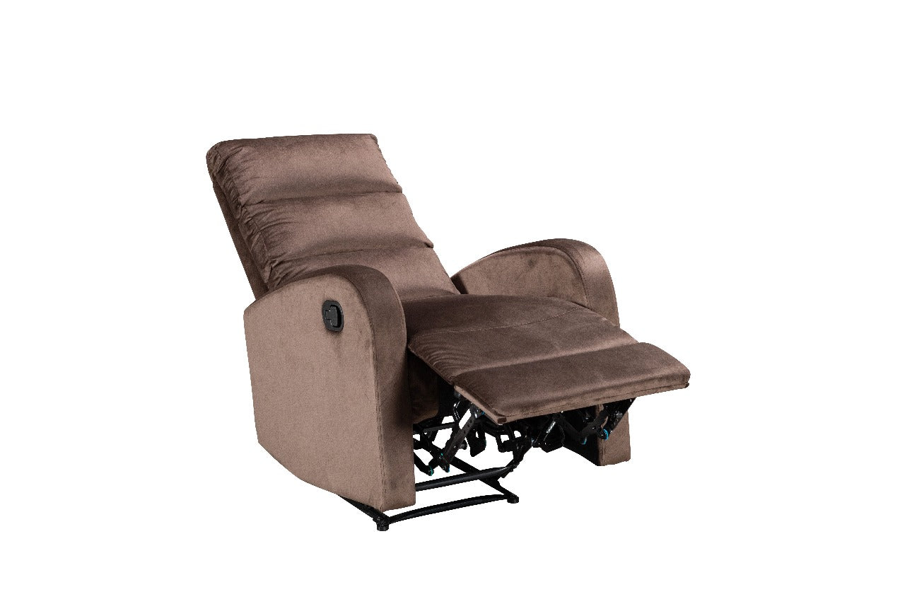 Modo velvet recliner chair with plush upholstery and compact design for modern living spaces Dark Brown Fully Reclined