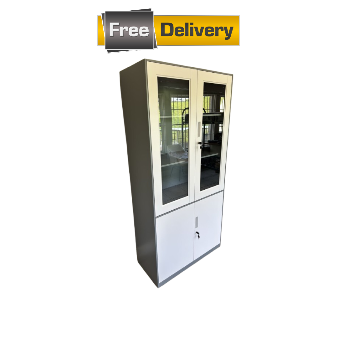 Stylish steel office cabinet with glass doors and secure storage – free delivery in South Africa