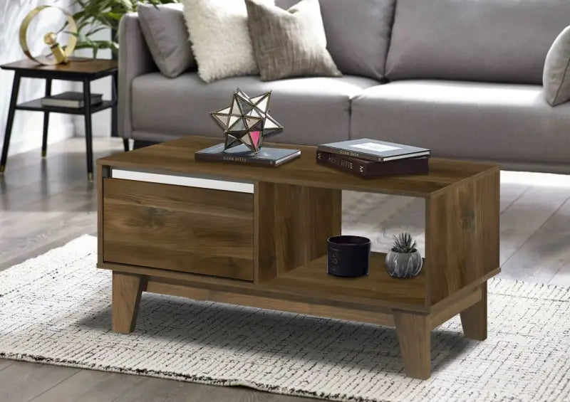 Modern wooden coffee table with sliding drawer and open shelf compartment.