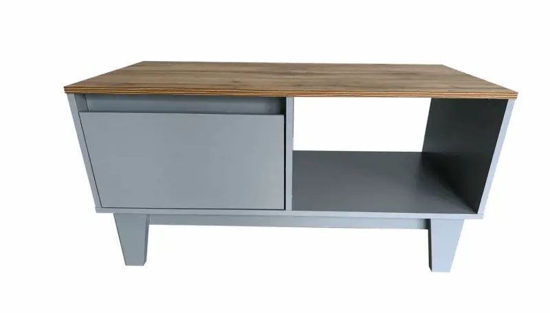 Modern TV stand with a wooden top, gray cabinet door, and open storage compartment.