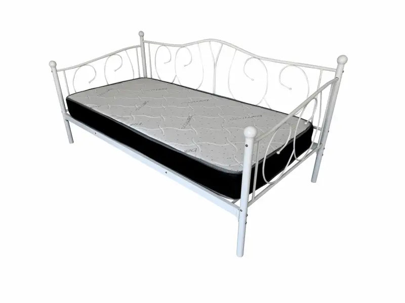 White metal daybed with scrollwork details and a black mattress