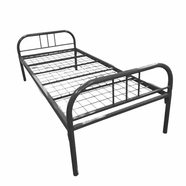 Simple black metal bed frame with wire mesh support.