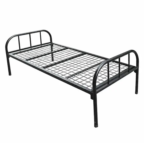 Simple black metal bed frame with wire mesh support.