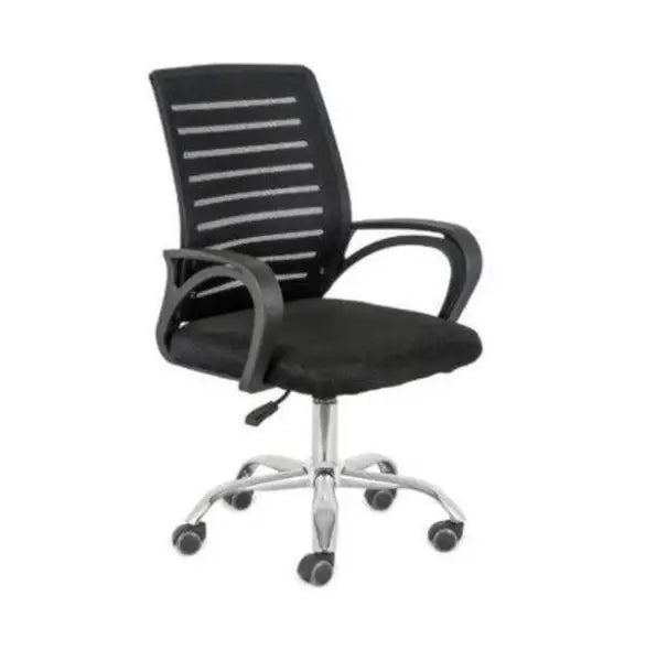 Black mesh office chair with armrests and wheels on a chrome base.