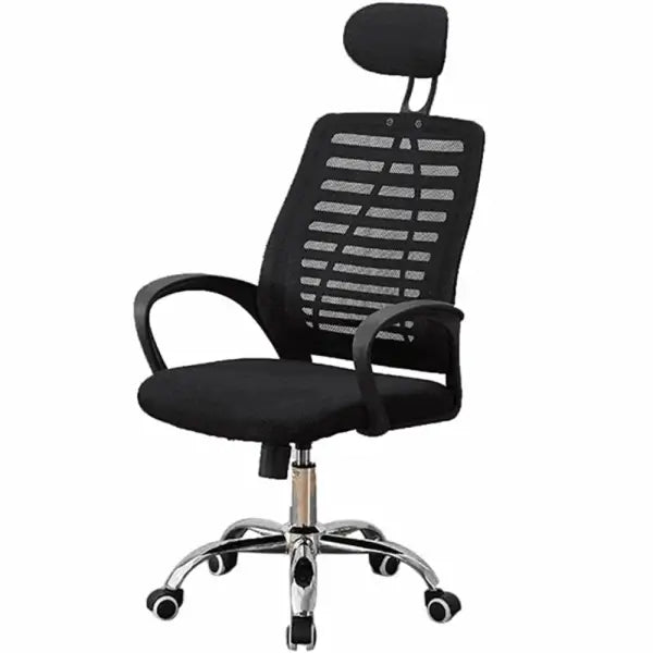Black mesh office chair with a high back, armrests, and chrome wheeled base.