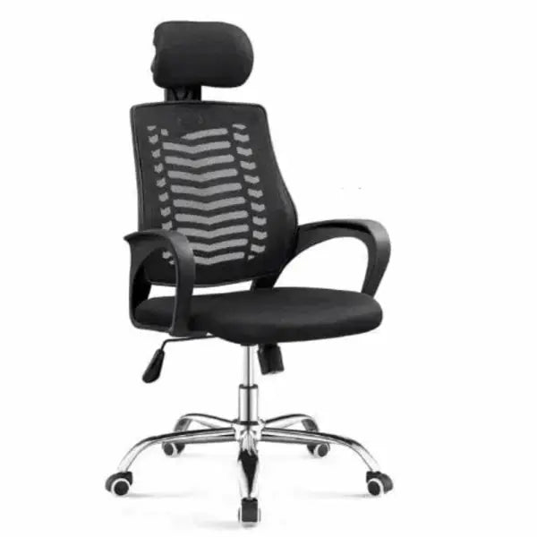 Black mesh office chair with headrest, armrests, and chrome wheeled base.