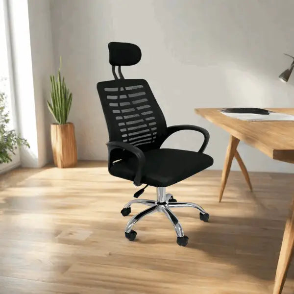 Black mesh office chair with a headrest and wheeled base.