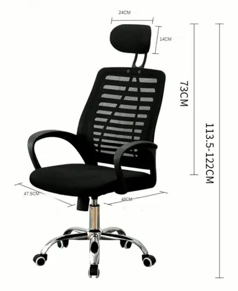 Black mesh office chair with headrest, armrests, and chrome base.