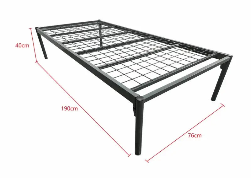 Metal single bed frame with wire mesh support and straight legs.