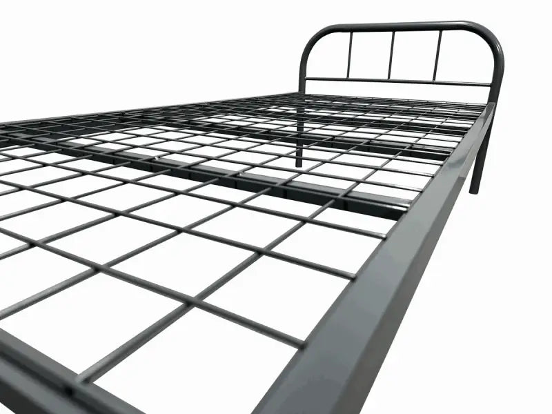 Metal bed frame with a grid-pattern mattress support and simple headboard.