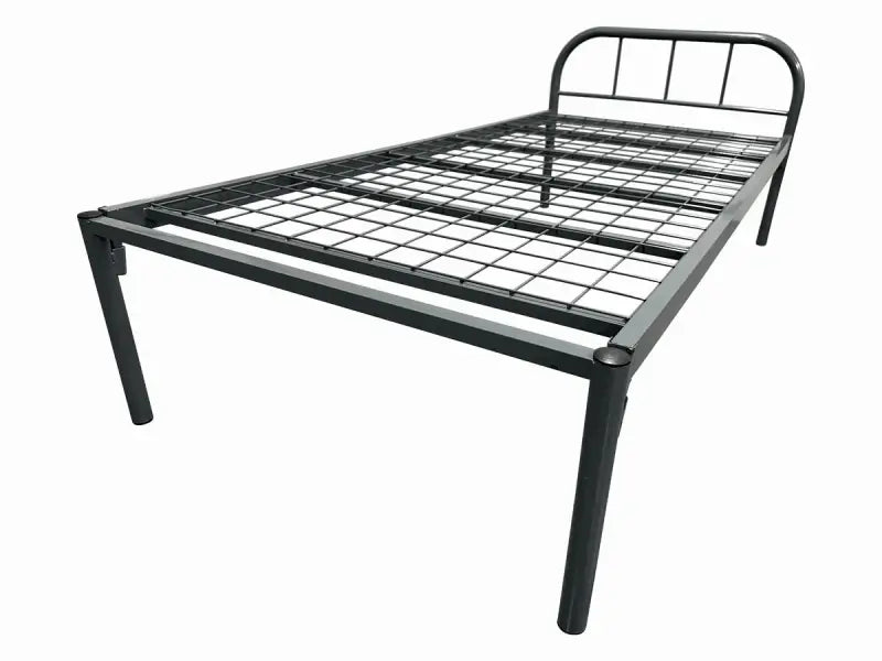 Simple metal bed frame with wire mesh support and a headboard.
