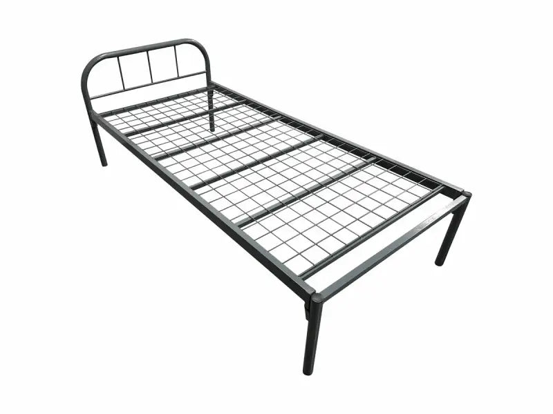Simple metal bed frame with wire mesh support.