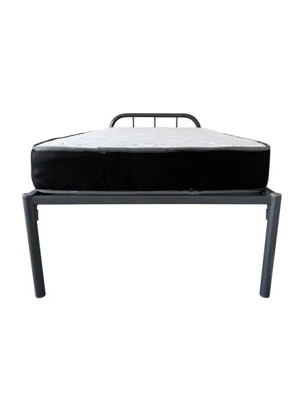 Black cushioned bench seat with metal frame