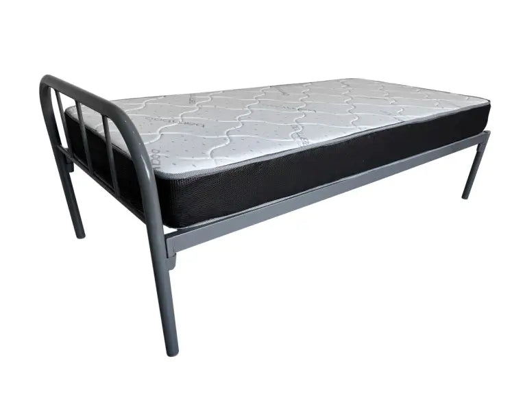 Metal bed frame with a mattress