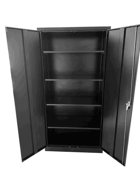 Black metal storage cabinet with open doors and adjustable shelves.