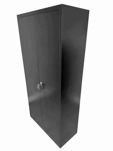 Black metal storage cabinet with double doors and a lock.