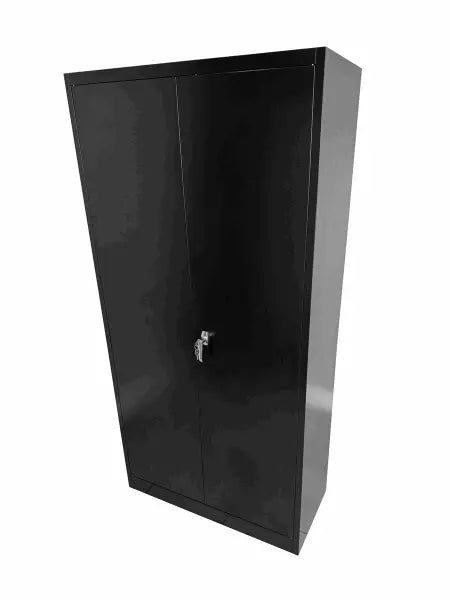 Black metal storage cabinet with a lock.