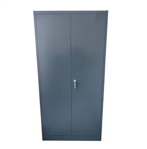 Dark gray metal storage cabinet with double doors and a lock.