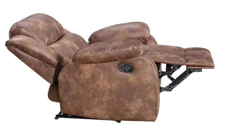 Brown suede recliner chair in a fully reclined position