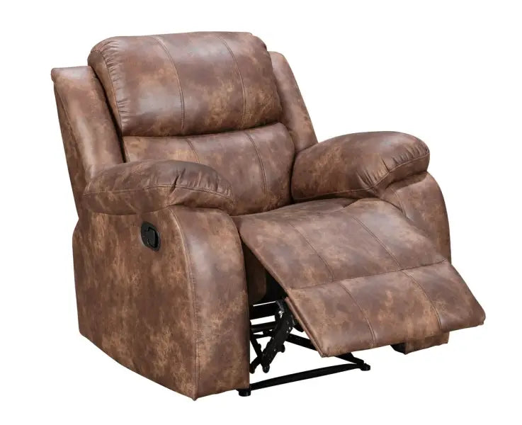 Brown leather reclining armchair with a footrest extended