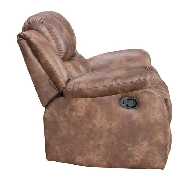 Brown leather reclining armchair with a manual reclining lever on the side