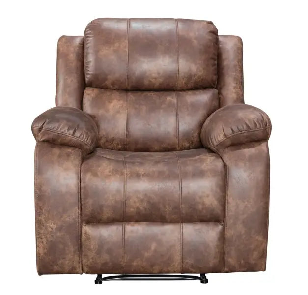 Brown leather reclining armchair with plush cushioning and a footrest mechanism