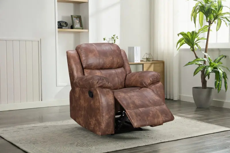 Brown leather recliner chair with a manual reclining mechanism