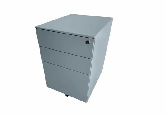 Grey metal mobile pedestal with three drawers.