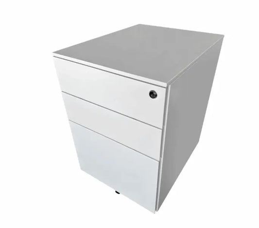 White metal filing cabinet with three drawers.