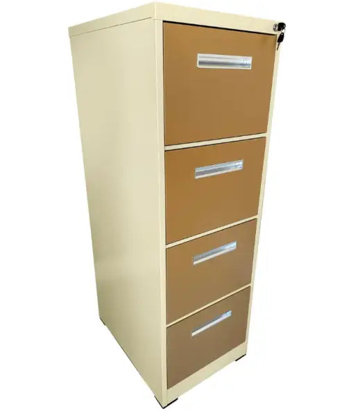 Four-drawer metal filing cabinet with beige sides and brown drawer fronts.