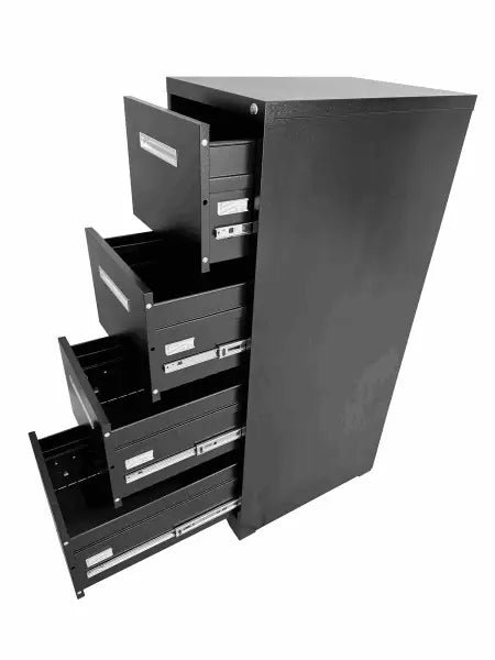 Black metal filing cabinet with four drawers pulled open