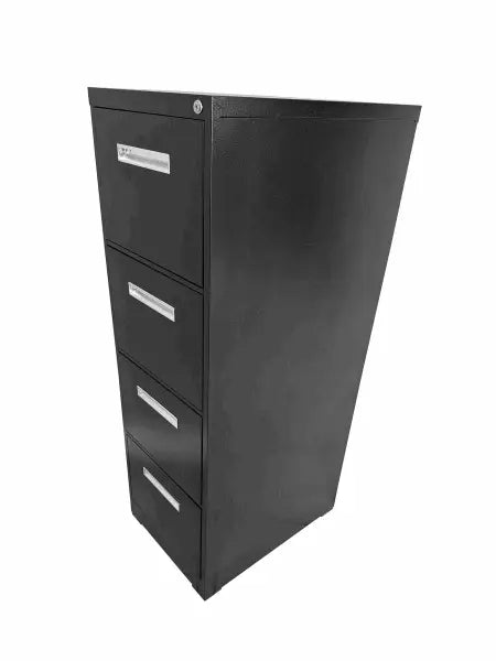 Black metal 4-drawer filing cabinet.