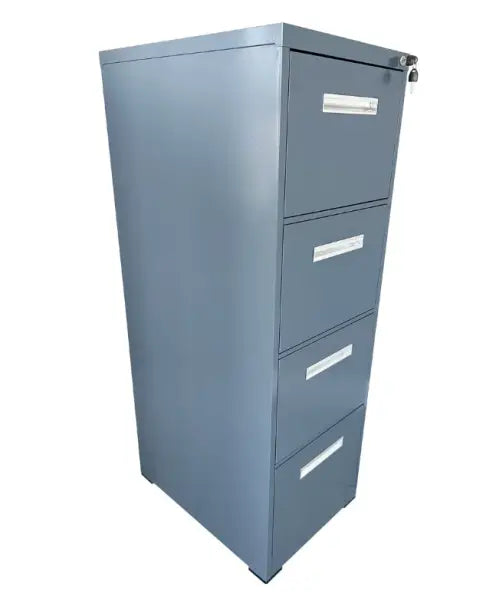 Gray metal 4-drawer filing cabinet.