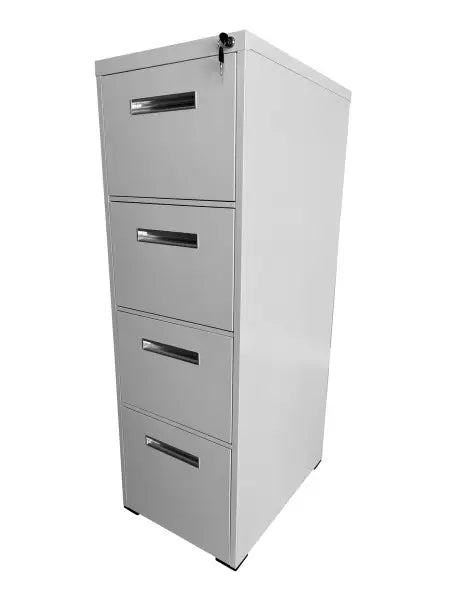 Four-drawer metal filing cabinet in light gray color