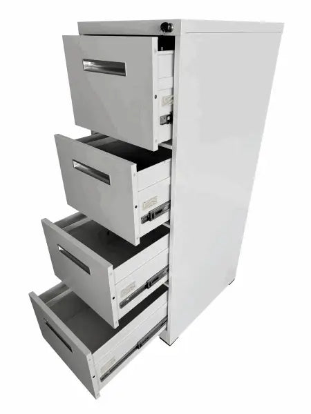 White metal filing cabinet with four drawers partially opened