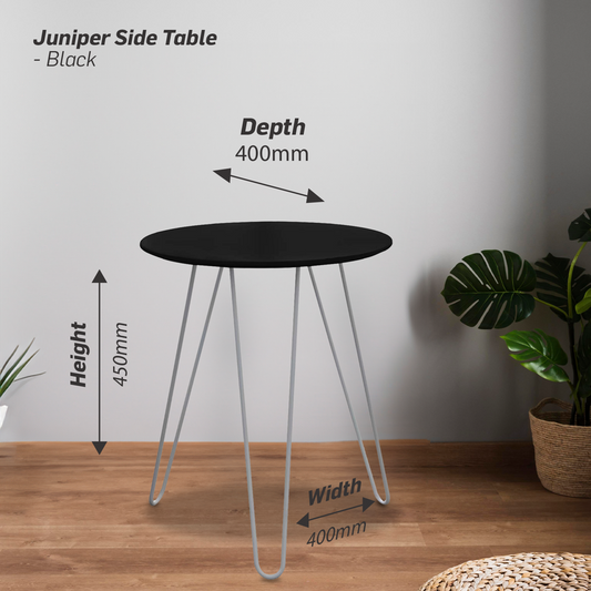 Everfurn Juniper coffee table in black and white with foldable legs, shown with product dimensions for easy reference in modern interior planning.