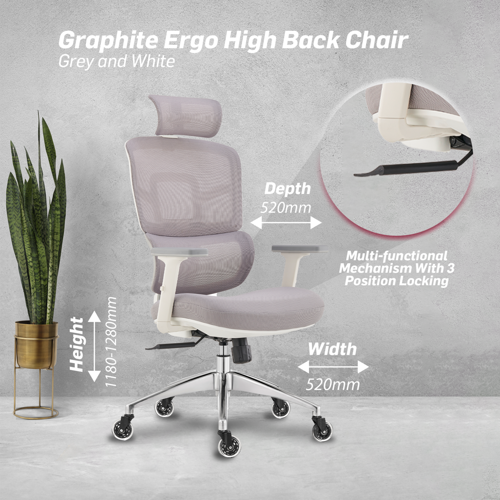 Everfurn Premium Graphite Ergo High Back Office Chair in Grey – Front View with Dimensions Displayed, Ergonomic Design, Adjustable Seat Height, Tufted Fabric Upholstery, Metal Frame
