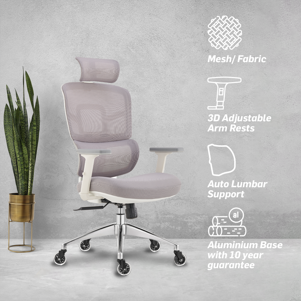 Everfurn Premium Graphite Ergo High Back Office Chair in Grey – Front View with Specifications Displayed, Ergonomic Design, Adjustable Seat Height, Tufted Fabric Upholstery, Metal Frame