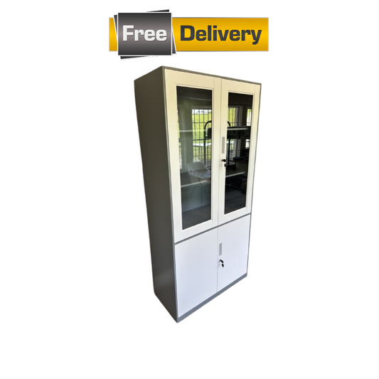 Stylish steel office cabinet with glass doors and secure storage – free delivery in South Africa