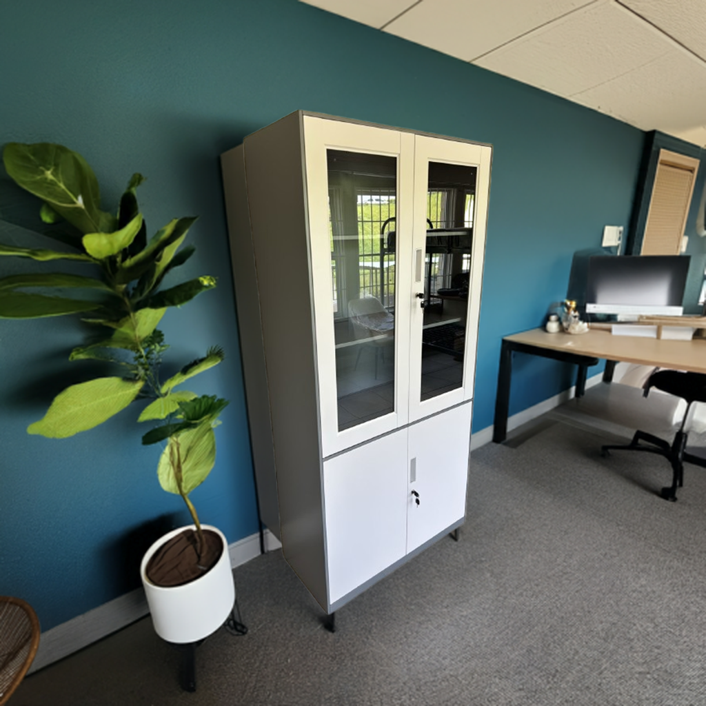 Stylish steel office cabinet with glass doors and secure storage – free delivery in South Africa in Office Setting for an Example
