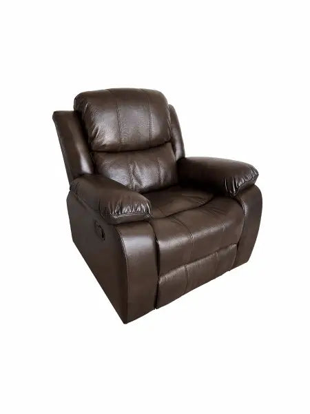 Brown leather reclining armchair with plush cushioning